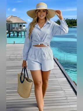 Tahitian Matching Two Piece Striped Shirt & Shorts Loose Fit Casual Coverup